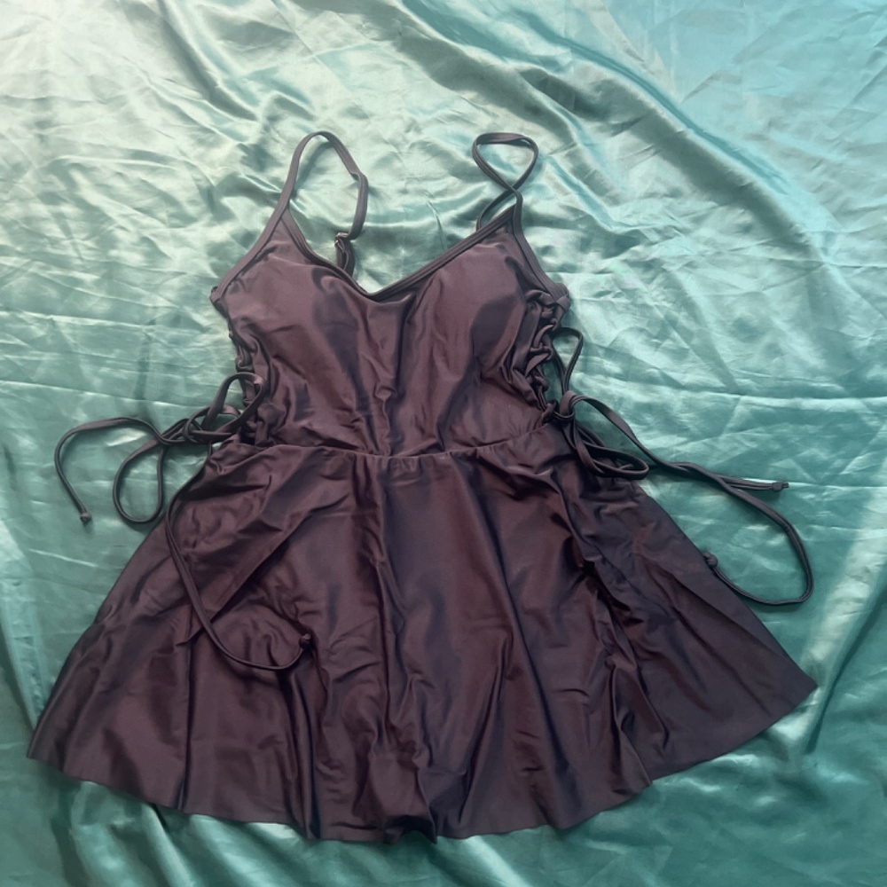 Black Tie Up Swim Dress Swim Suit Tummy Control Spandex